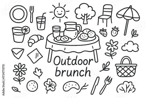 Outdoor Brunch Doodles. Outdoor brunch. Hand-drawn doodle illustration of Outdoor brunch. In the middle, one