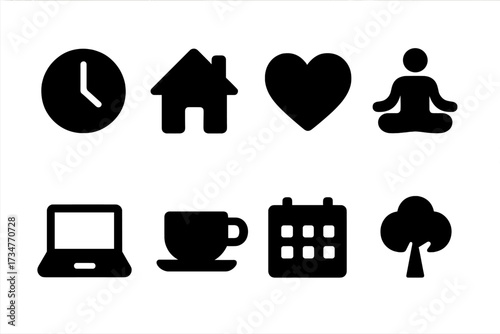 Work-Life Balance Icons. Work-Life Balance. Filled icon set of Work-Life Balance: clock, house, heart, yoga