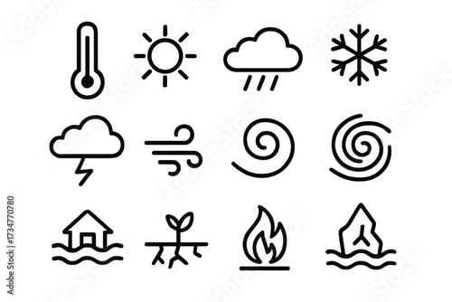 Climate Change Icons. Climate change and its effects on weather. Line outline icon set of Climate change and