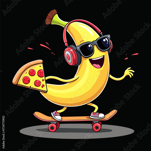 Vector drawing for teenager t-shirt. 
Cute banana boy with headphones,
sunglasses, pizza on skateboard
on black background. Cartoon 
design for fabric, 
paper, clothing, food and products packaging. 