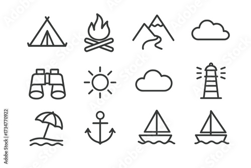 Travel Icon Set. Traveling and exploring new destinations. Line outline icon set of Traveling and exploring