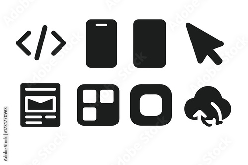 Front-End Development Icons. Front-End Development. Filled icon set of Front-End Development: code brackets,