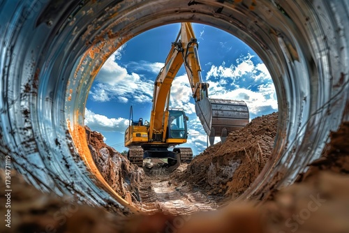 Excavator working on construction site with clear blue sky