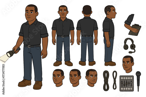 Stage Manager Builder. Cartoon realistic vector illustration, Character constructor style, isolated