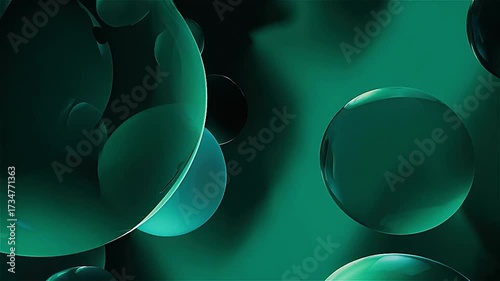 Floating green spheres create a serene abstract pattern