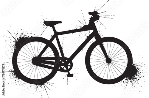 Bicycle black silhouette with explosion splatters isolated on transparent background