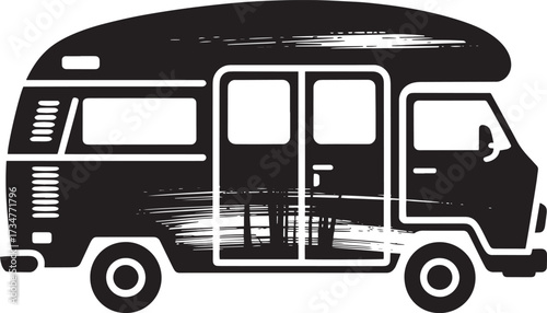 Black grunge style camper van silhouette for camping trip design