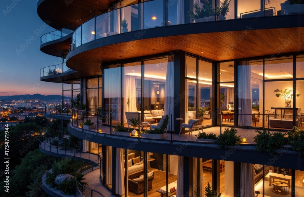 Fototapeta premium Luxury modern apartment building with large glass windows overlooking a cityscape at sunset