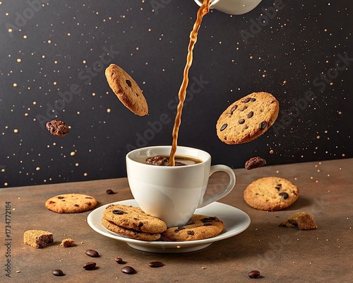 A surreal shot of a coffee cup pouring liquid upwards into a floating cookies