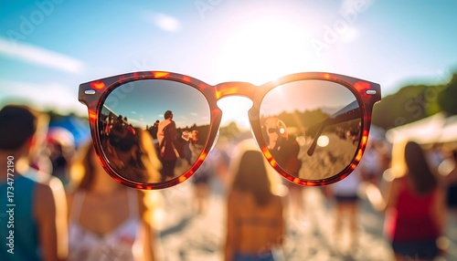 Sunglasses Reflecting People at Outdoor Event with Bright Sunlight