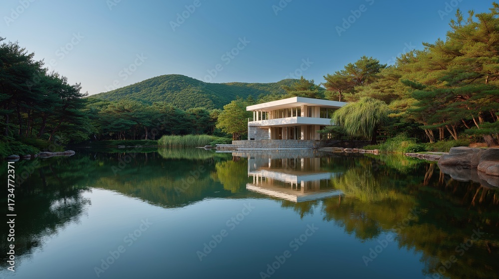 Fototapeta premium Beautiful landscape of a lake with a modern house in the background. the lake is surrounded by lush greenery and trees, and the reflection of the house can be seen on the water's surface.