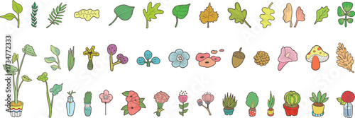 Plants, Flowerpots, and Floral Line Drawing Elements.