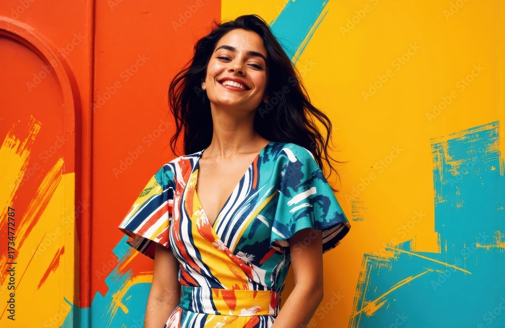 Fototapeta premium A woman smiling confidently against a vibrant, colorful abstract background