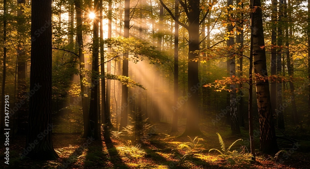 Obraz premium Golden Sunlight Piercing Forest Canopy.