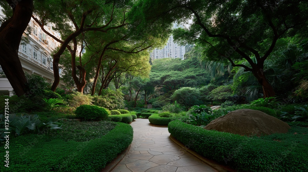Obraz premium Beautiful garden with a stone pathway winding through it. the pathway is surrounded by lush greenery, including trees, bushes, and shrubs.