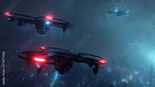 A futuristic cityscape, shrouded in a hazy mist, is filled with numerous hovering drones.