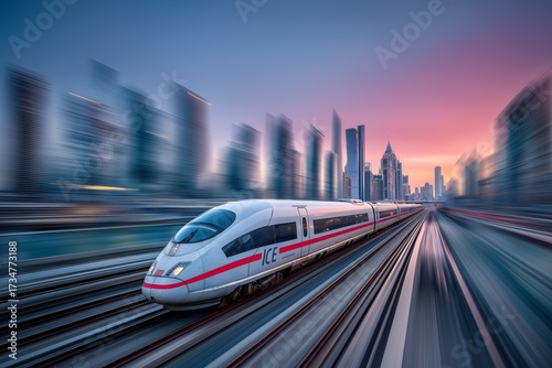 High speed ICE train moving through futuristic city skyline at sunset with motion blur urban transportation and modern travel scene, Generative AI