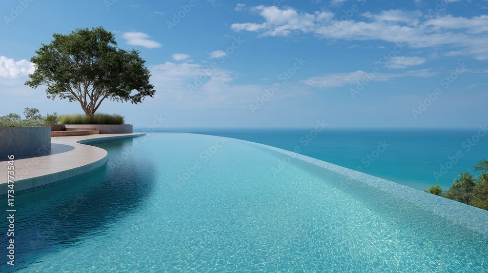 Fototapeta premium 3d rendering of a beautiful infinity pool overlooking the ocean. the pool is long and narrow, with a curved edge that extends into the distance.