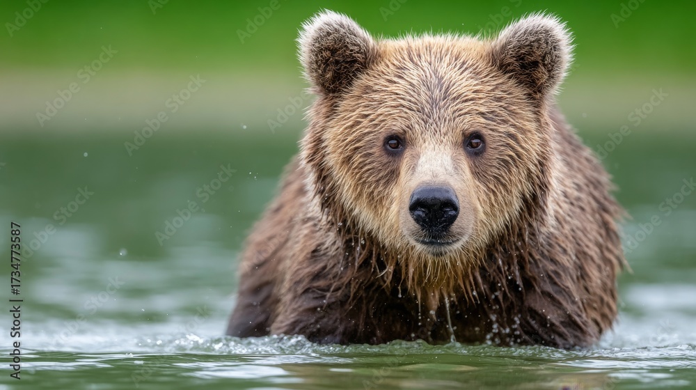 Fototapeta premium Brown Bear Wading Through Swift River in Forest Landscape