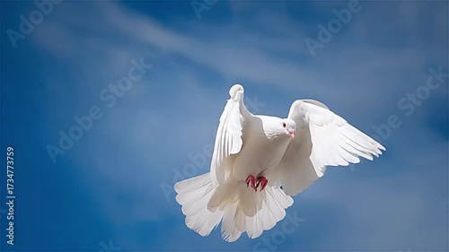 White dove soars high in blue sky on sunny afternoon