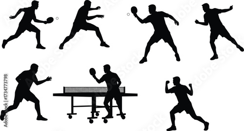 Dynamic table tennis silhouettes vector illustration showing players in action poses, ping pong match, sports activity, competition, recreation, fitness concept