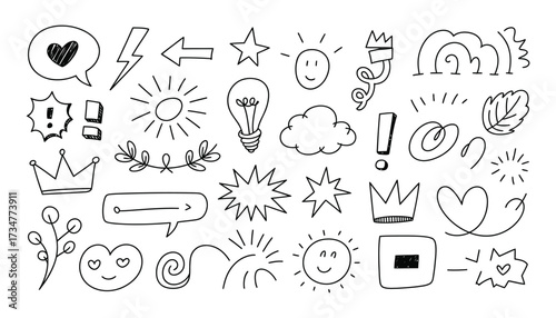 Hand drawn doodle elements collection of symbols icons stars hearts lightbulbs crowns and arrows