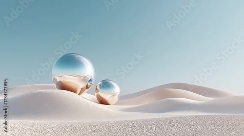 Floating glossy spheres above desert landscape under clear sky symbolizing surreal futuristic concept, minimal design and abstract fantasy scene, Generative AI