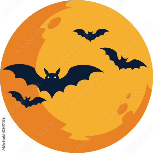 Flat vector full moon with bats flying around