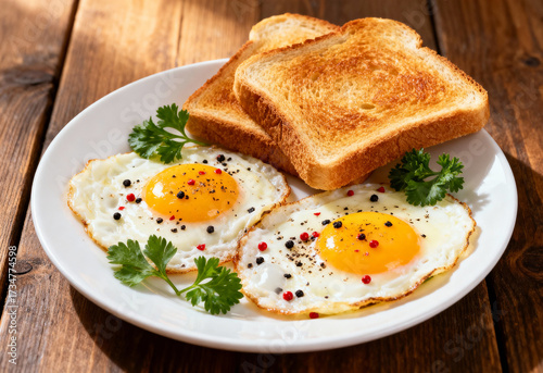 Fried eggs and toast served on a white breakfast plate