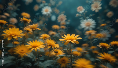 Floral motion blur backgrounds with vibrant yellow flowers in a moody atmosphere, close-up