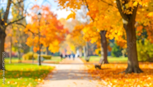 A park path lined with vibrant autumn trees, displaying a soft-focus effect and warm, golden hues.