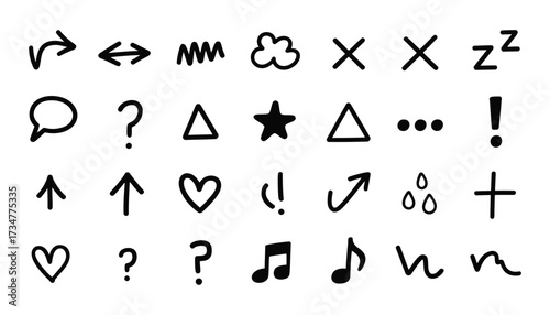 Hand drawn doodle icons collection featuring arrows hearts stars music notes and symbols