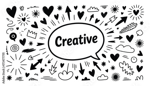 Creative idea bursting forth with hand drawn doodle elements heart arrows stars clouds
