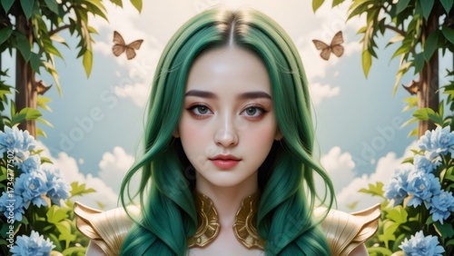Ethereal Asian Woman with Green Hair in a Lush Garden Setting