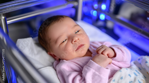 Newborn baby in pink clothing peacefully resting in an incubator under soothing blue light in a hospital setting, showcasing a serene and nurturing environment