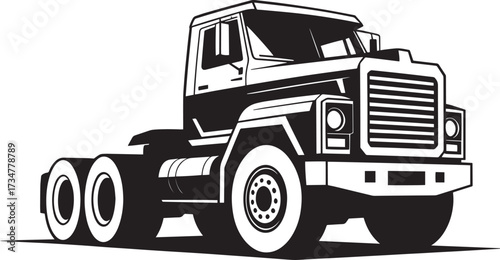 Front-side view of heavy-duty semi-truck tractor unit in classic style black white illustration
