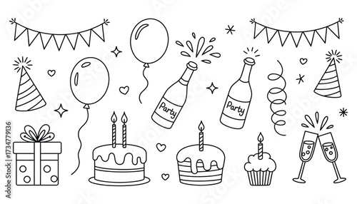 Hand drawn celebration elements festive party birthday decorations and champagne toast elements collection