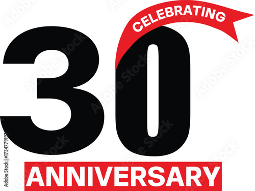 Celebrating 30 Years Anniversary vector logo. Thirtieth jubilee icon with red ribbon banner for a business event.


