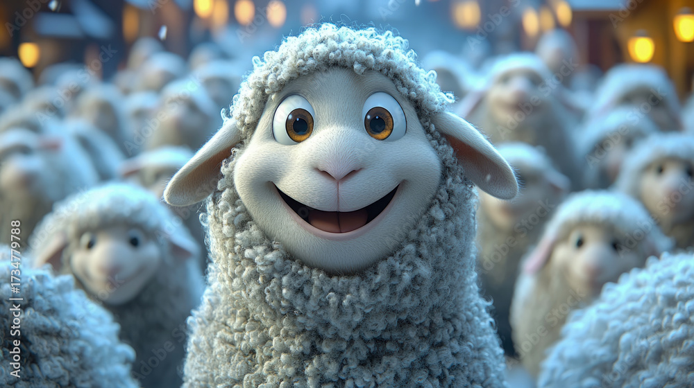 Obraz premium Joyful animated white sheep with big eyes smiles broadly in foreground, surrounded by its fluffy, out-of-focus flock in warm, cheerfully lit setting.