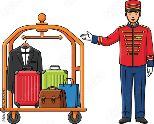 Cartoon hotel bellboy character in red uniform standing beside luggage trolley with suitcases, travel bags, shopping bag, coat, professional hospitality service illustration