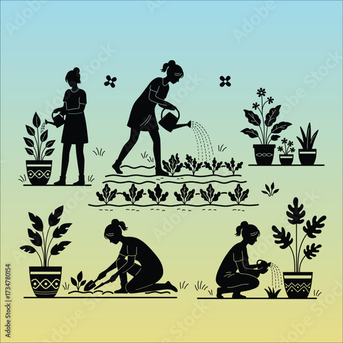 Gardening Silhouettes: Vector Illustration of People Tending to Plants