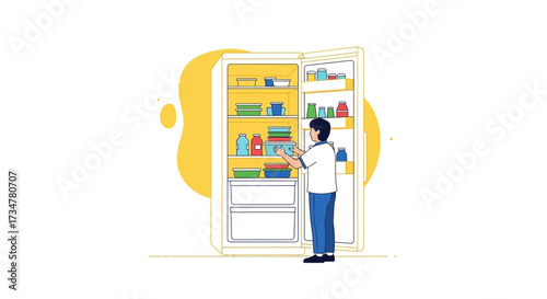 A person organizing the refrigerator, preparing food, and arranging items for storage