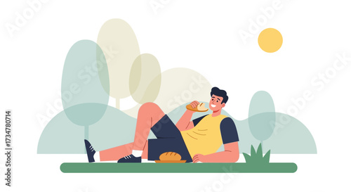 A Person Relaxes And Eats Bread While Lying In A Park On Sunny Day