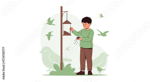 A Boy Feeds Birds at a Bird Feeder in a Vector Illustration Design