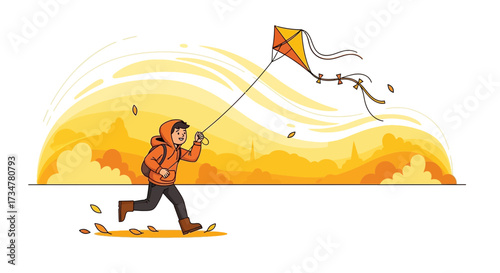 A Boy Running a Kite in a Beautiful Sunset Illustration, Vector Art
