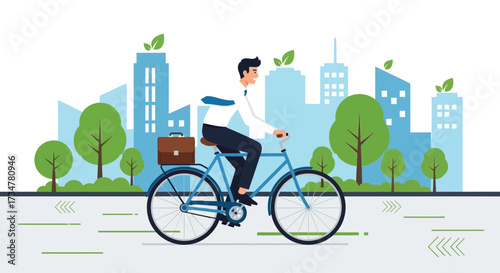 A Businessman Rides Bicycle in Green City, Environmentally Friendly Transport