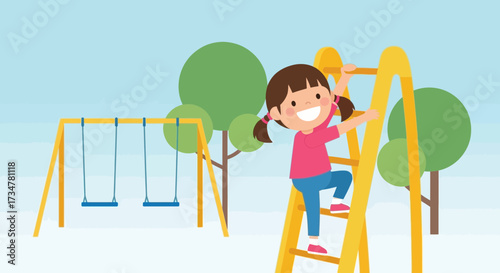 A cartoon image of a joyful young girl on a playground climbing the steps
