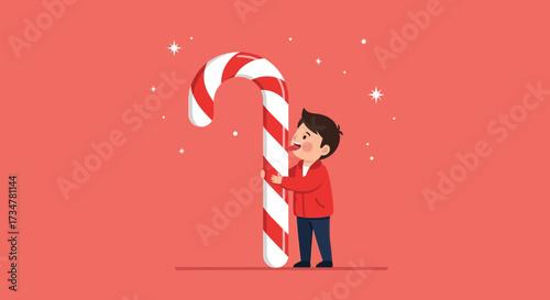 A Cheerful Boy Hugging Enormous Striped Candy Cane With Festive Star Embellishments