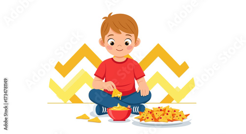 A Cheerful Boy Relishes Delicious Nachos and Cheese in a Playful Artistic Illustration