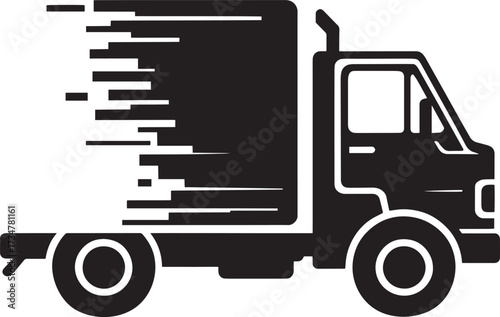 Side view fast moving small delivery truck vector icon with speed lines for shipping business